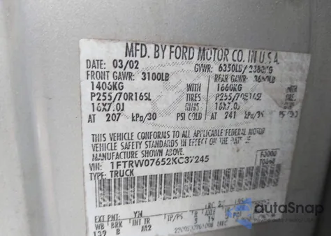 2002 Ford F-150 Lariat/Xlt z USA, uszkodzony, nr VIN 1FTRW07652KC87245